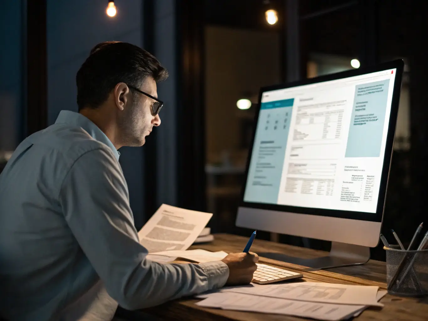 A lawyer working on a computer, researching legal precedents and preparing documents in a well-organized office. The scene conveys diligence and attention to detail.