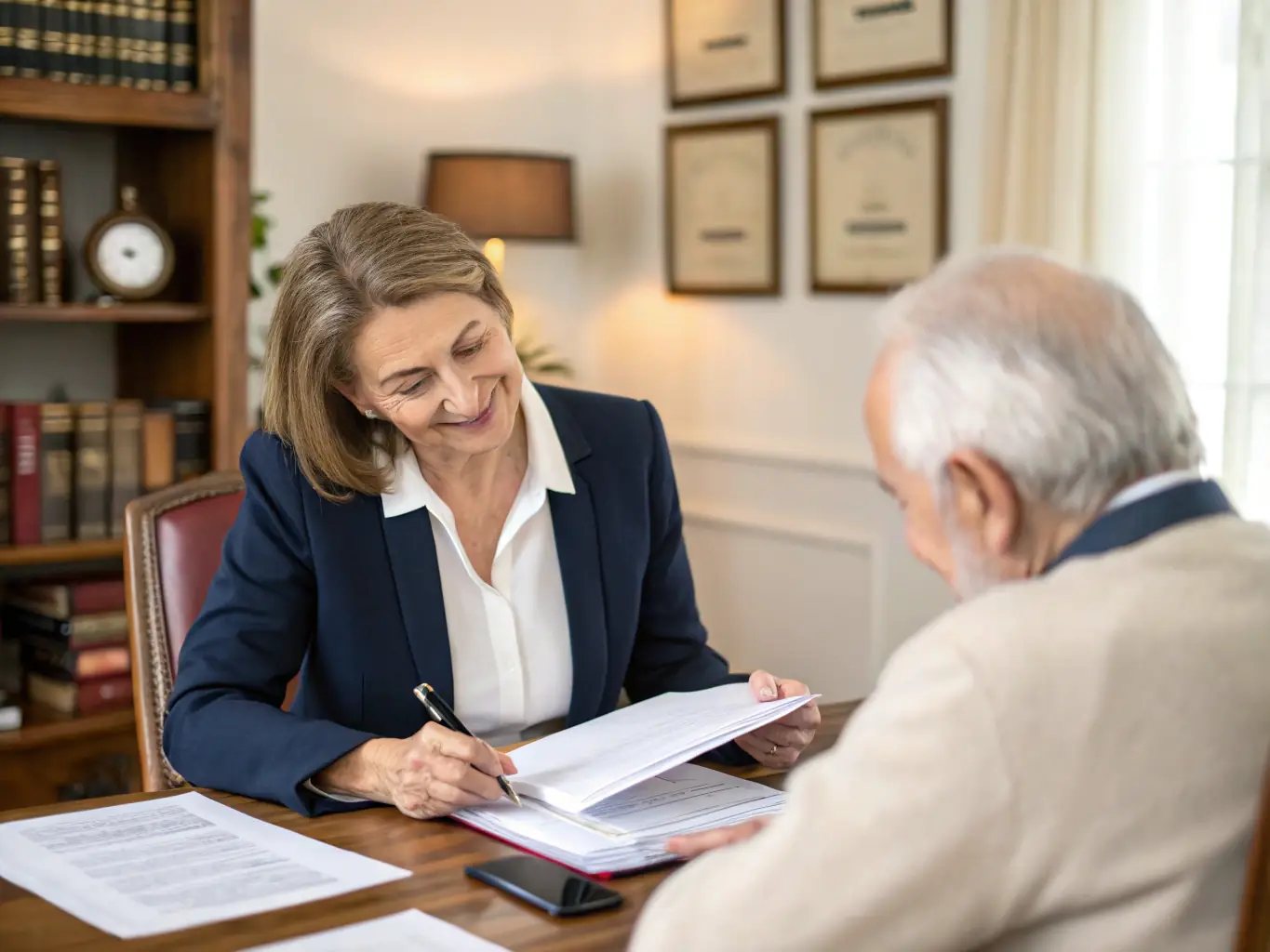 A handshake between a lawyer and a senior client, symbolizing a successful resolution of a legal matter. The background shows a courthouse or legal office.