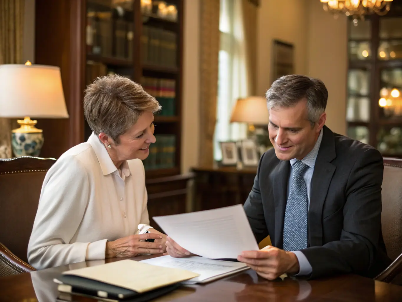 A senior client sitting at a table with a lawyer, reviewing documents in a bright, modern office setting. The atmosphere is professional and supportive, emphasizing trust and understanding.